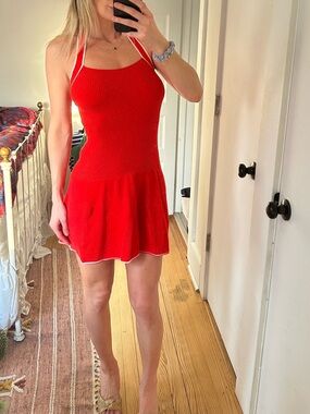 Red Halter Knit Mini Dress with Flared Skirt